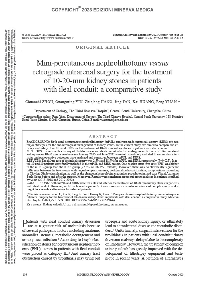 Mini-percutaneous nephrolithotomy versus retrograde intrarenal surgery for the treatment  of 10-20-mm kidney stones in patients  with ileal conduit: a comparative study
